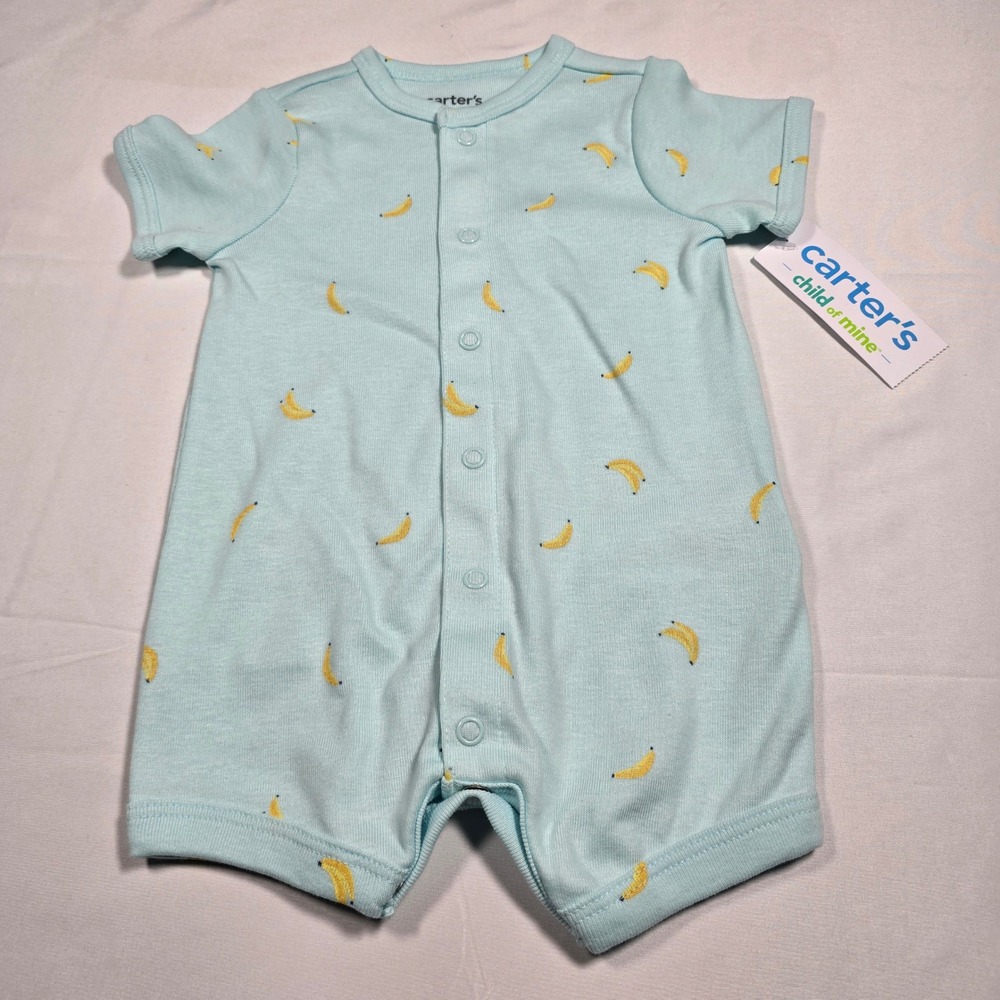 Carters 0-3mo Baby Romper Light Blue Banana Print Snap Front Short Sleeve